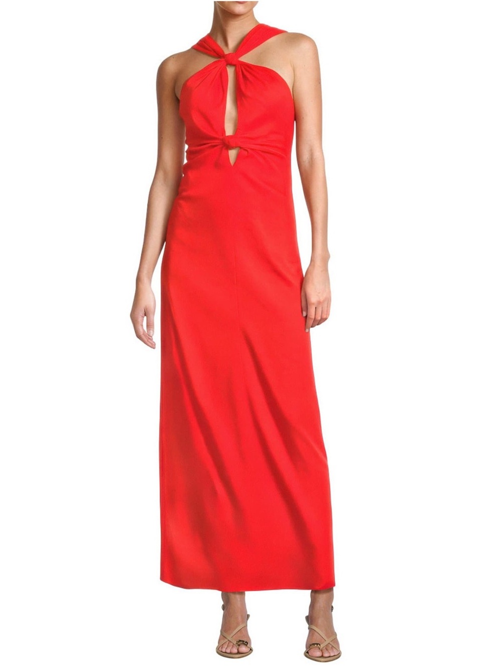 ANTONIO MELANI Bronwyn Tomato Red Twist-Knot Halter Midi Dress